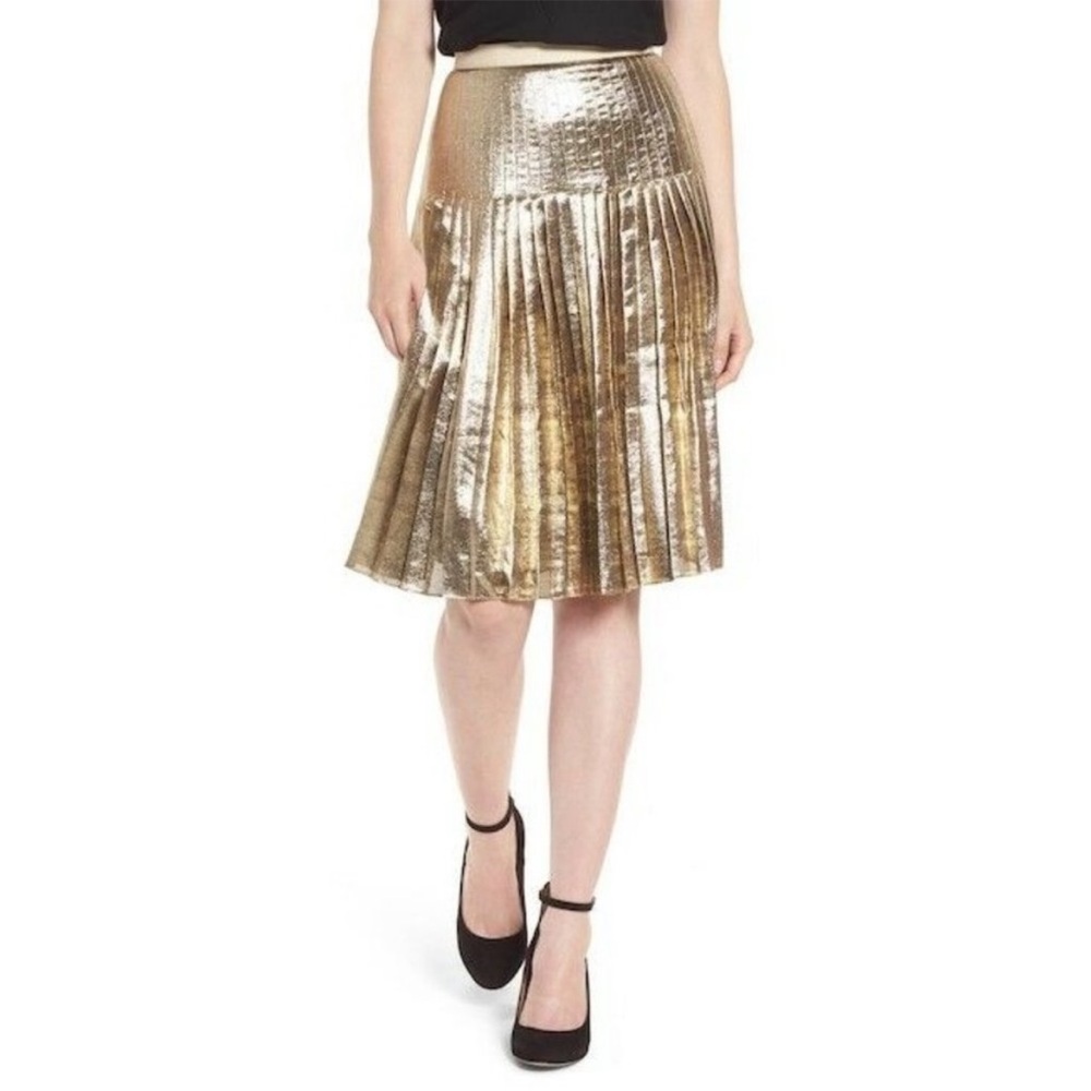 LEWIT for Nordstrom Pleated Skirt Gold Metallic Silk Blend Midi